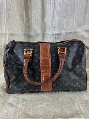Vintage Pollini Italy Monogram Bowler Satchel Bag Brown Leather Trim Purse